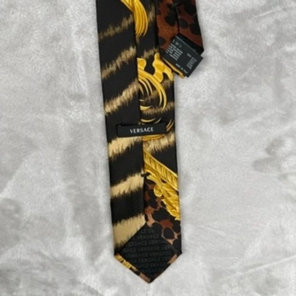 Vintage Versace‎ Mens Silk Tie Black Gold Baroque Zebra Leopard Print